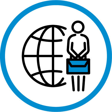 Blue circle with a professional in front of a world