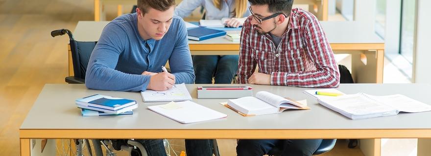 Two students helping each other study