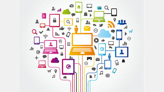 Diagram of a computer with many icons around it