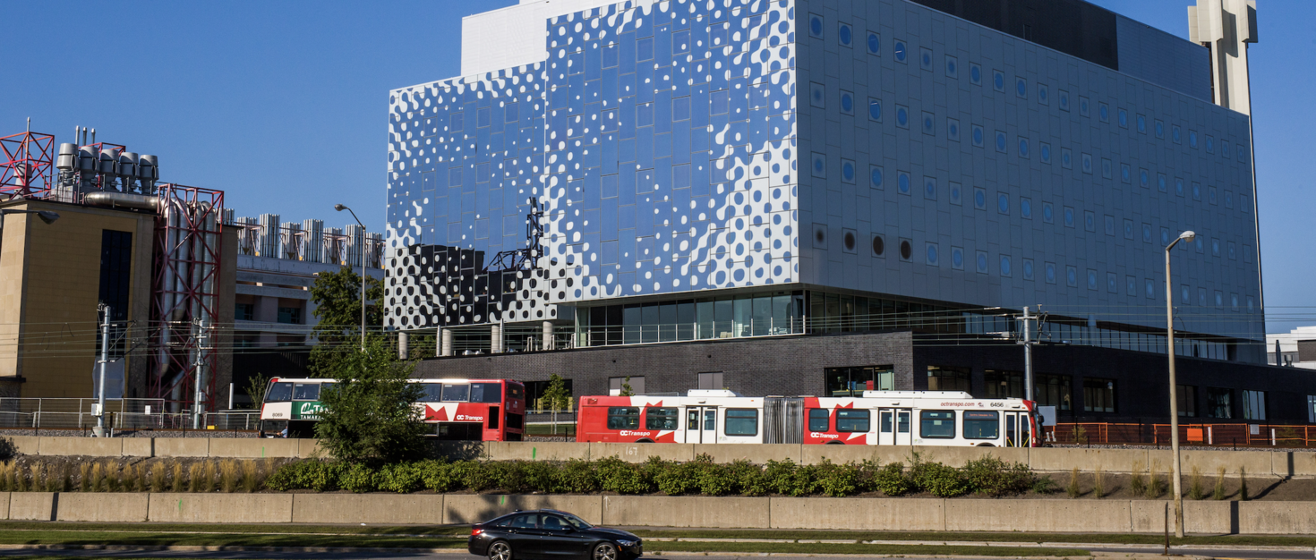 Ottawa buses passing by uOttawa campus.