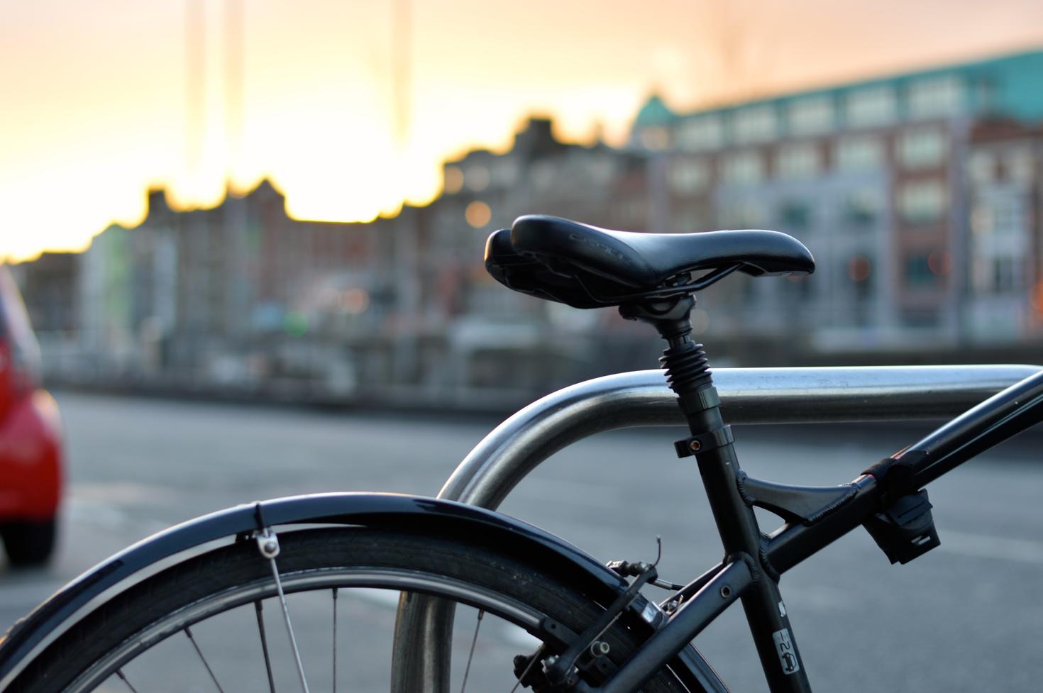 Bike parked on street.