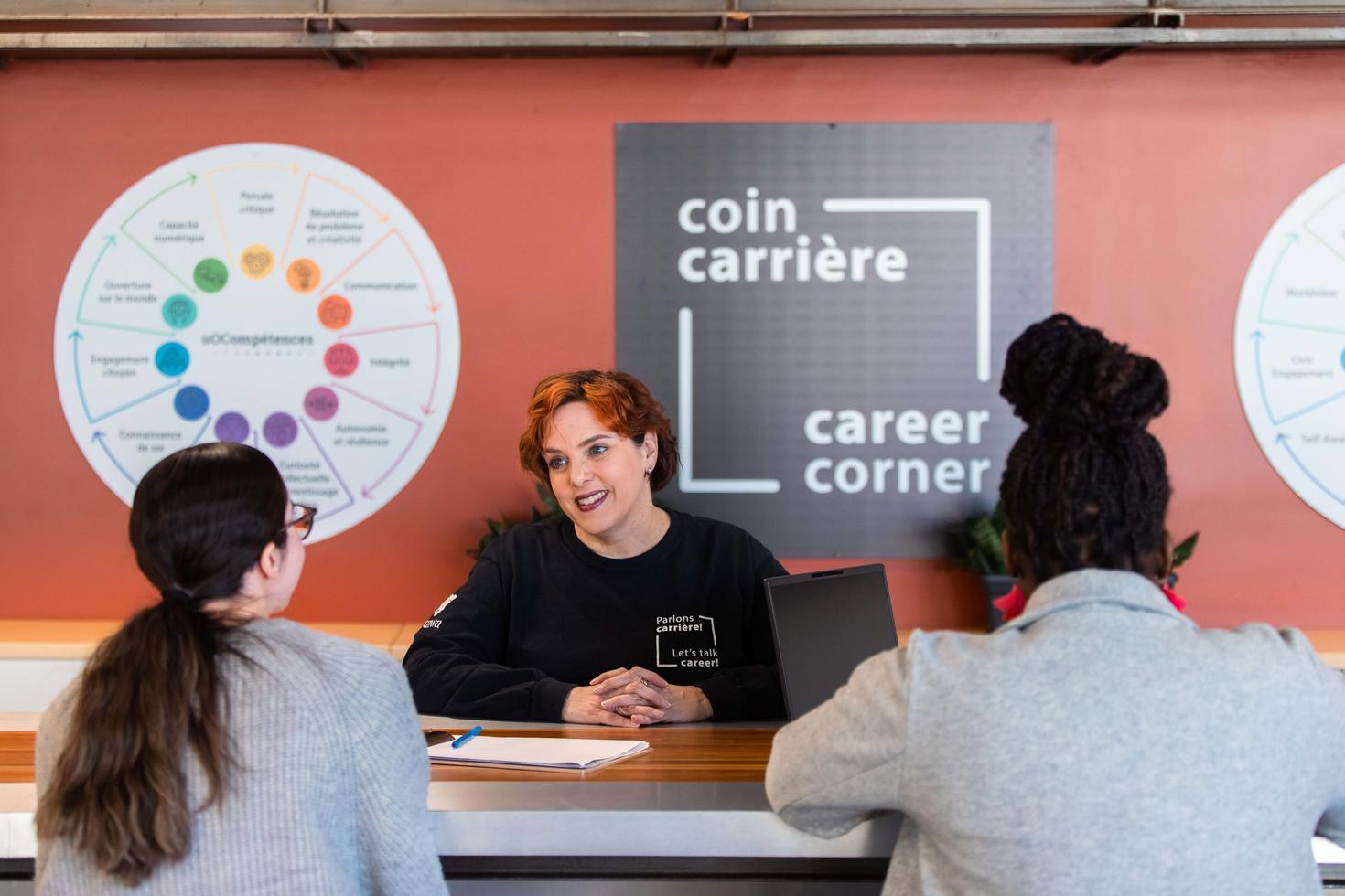 Students discussing with a career councellor