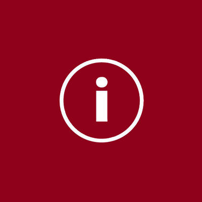 Icône d'information sur fond rouge.