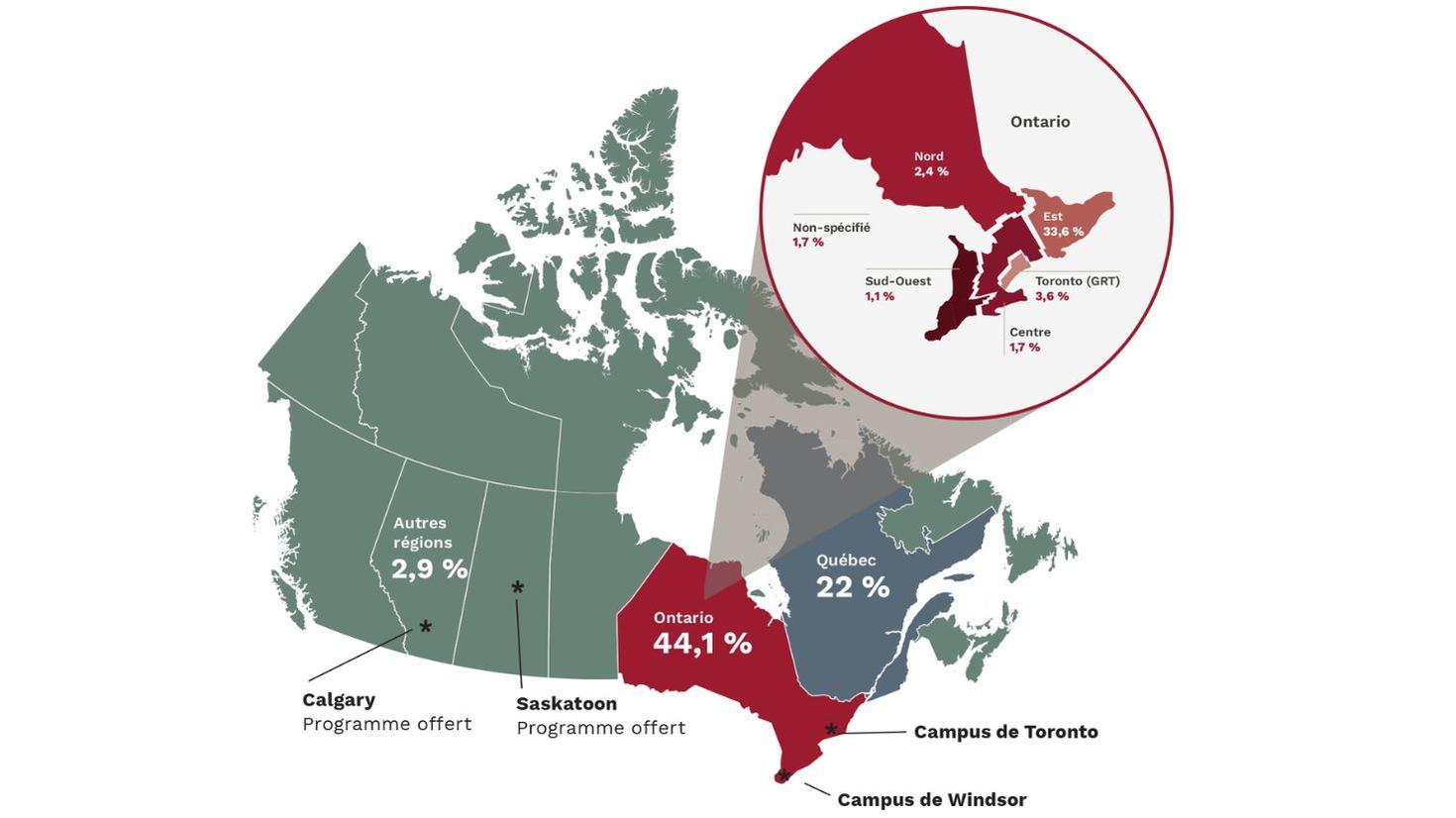 Image de la carte qui représente le Canada. Province de l'ontario. Centre : 241 inscrits soit 1,7 %. Est : 4 822 inscrits soit 33,6 %. Nord : 343 inscrits	soit 2,4 %. Toronto (GRT) : 524 inscrit soit 3,6 %. Sud-ouest : 157 inscrits soit 1,1 %. Non spécifié : 250 inscrits	soit 1,7 %. Pour la province de Québec : 3156 inscrits soit 22 %. Autres provinces : 283 soit	2 %. Extérieur du Canada ou province non déclarée : 135 inscrits soit 0,9 %. Total	: 9911 soit 69 %