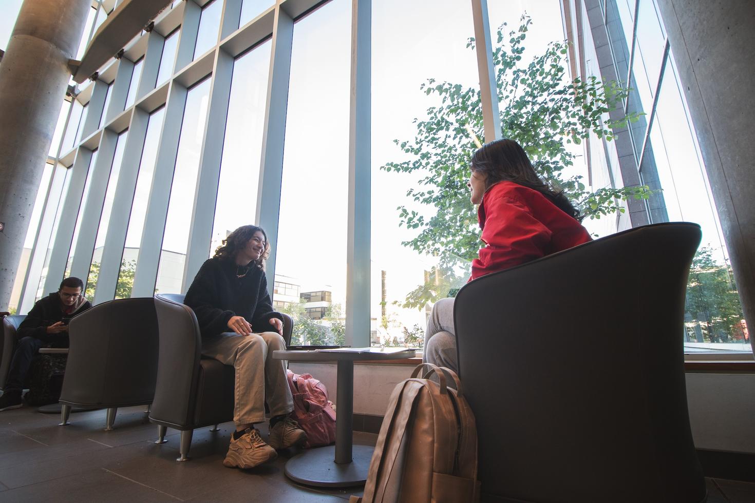 Étudiants discutant près de la fenêtre du bâtiment de la Faculté des sciences sociales