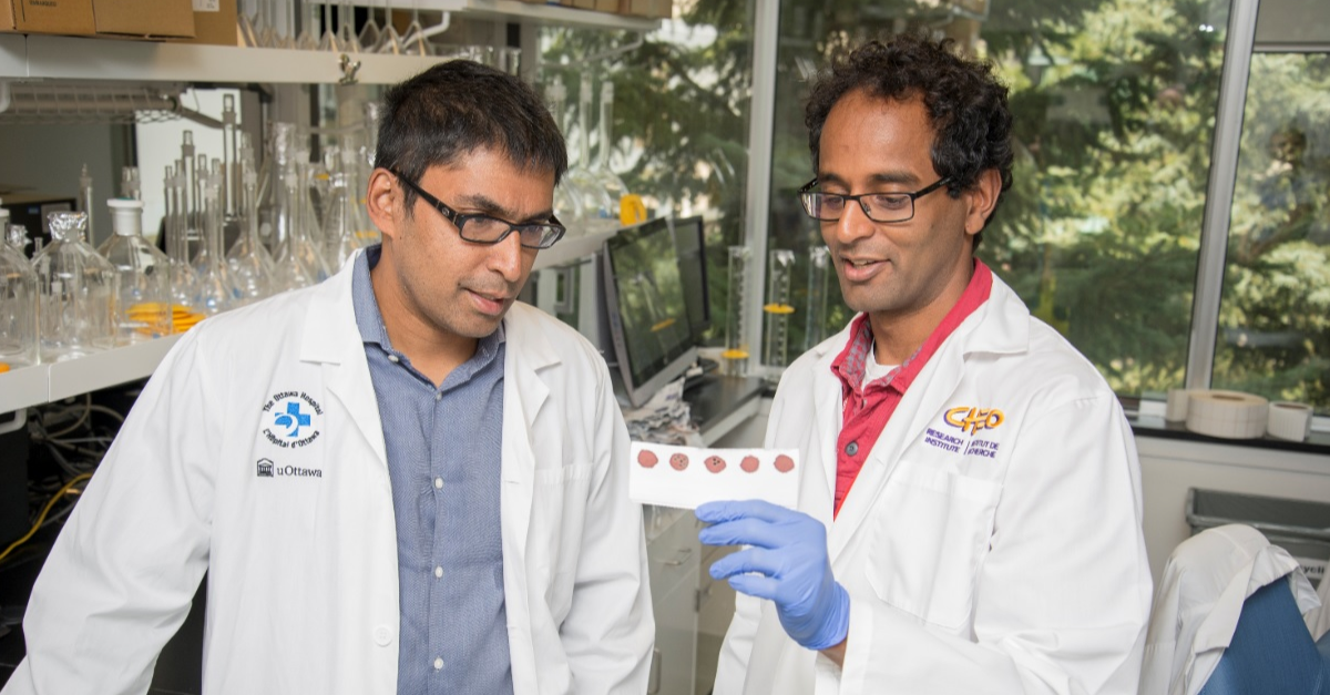 Les Docteurs Kumanan Wilson et Pranesh Chakraborty analysant des tests dans leur laboratoire. Les Docteurs Kumanan Wilson et Pranesh Chakraborty analysant des tests dans leur laboratoire.