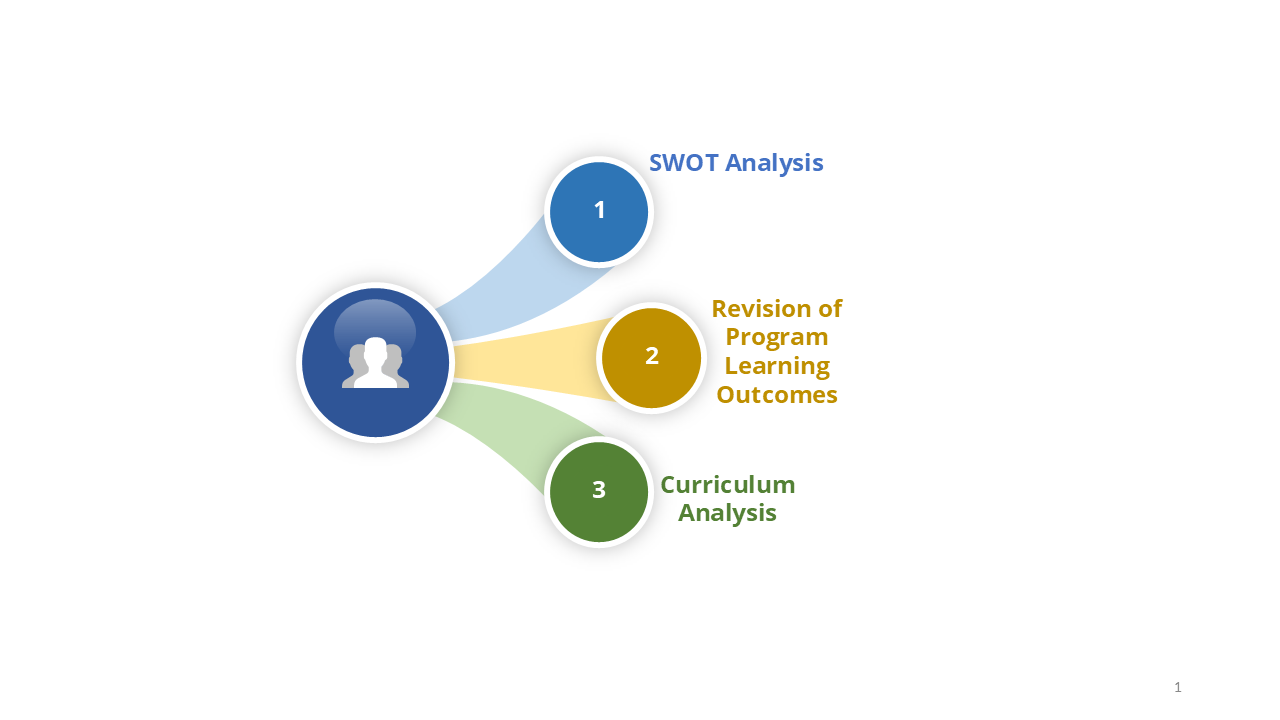 Three-step process: SWOT analysis, revision of program learning outcomes, curriculum analysis