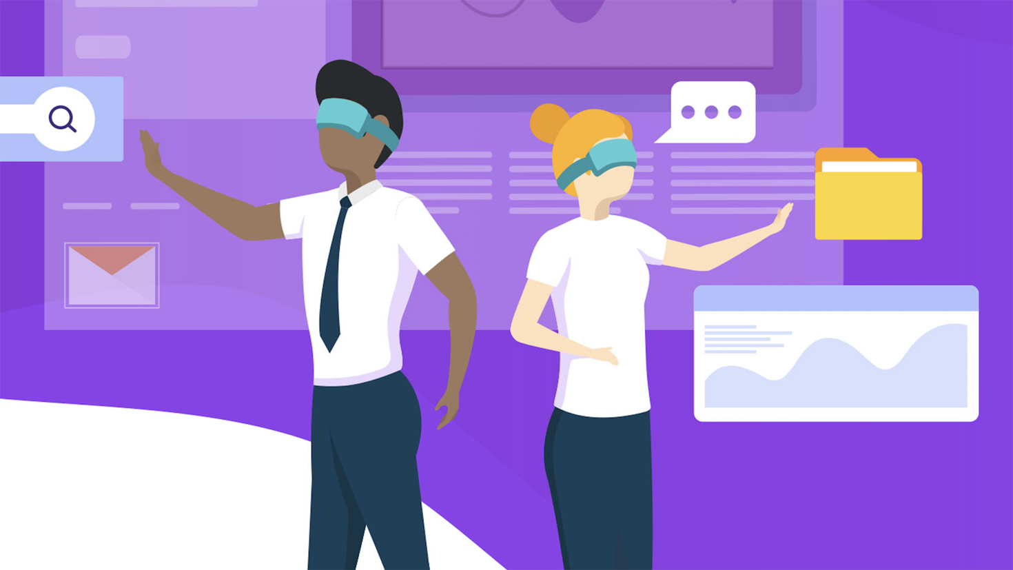 graphic representation of two students are wearing virtual reality goggles on their head