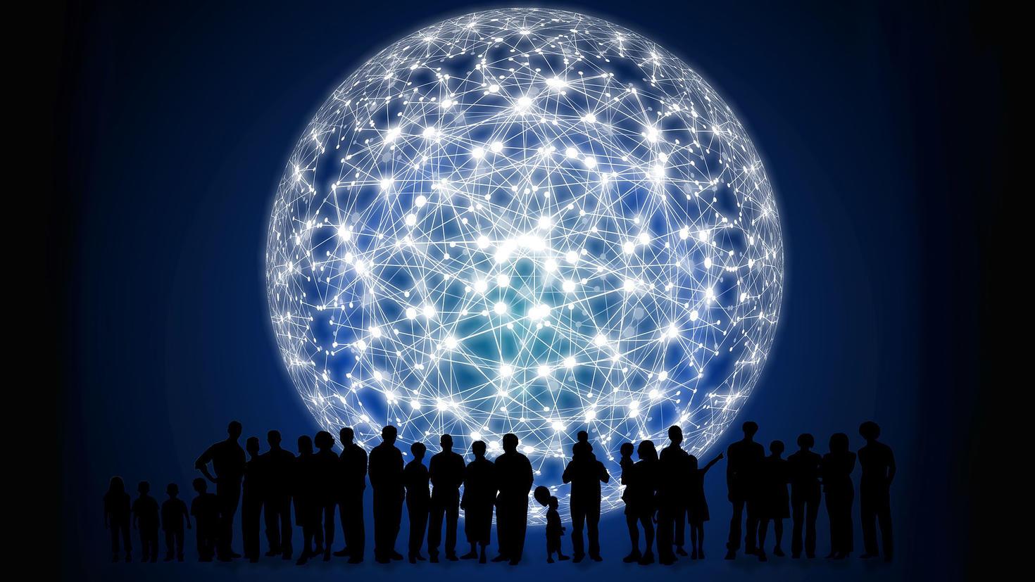 Silhouettes of people in front of a giant network moon
