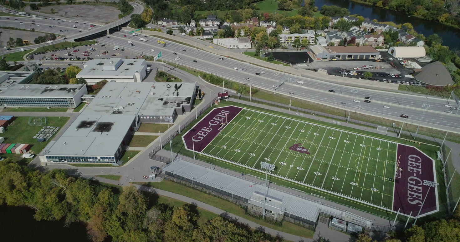 Aerial view of gee-gees outdoor field.