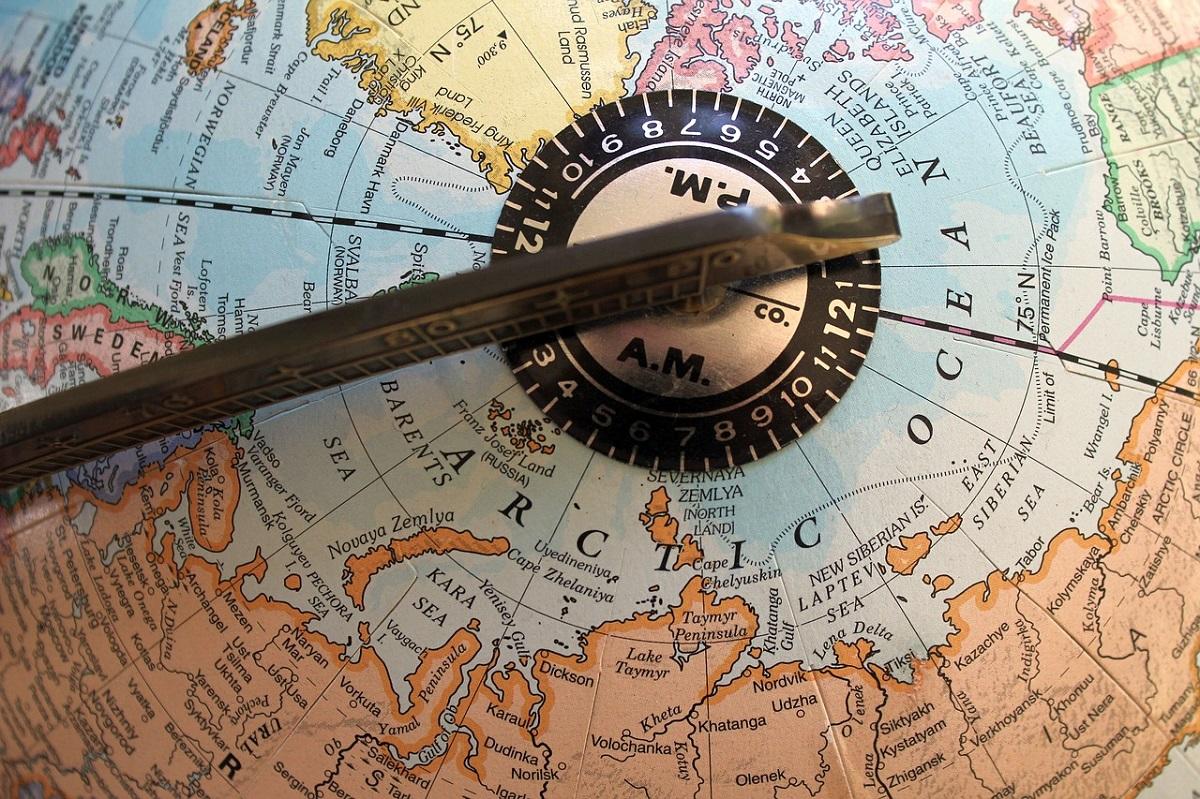 Top of a globe, spotlighting Arctic Ocean and surrounding countries
