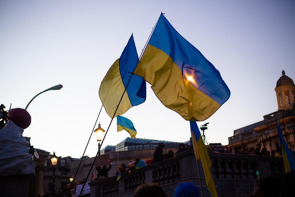 Pair of Ukraine flags in a demonstration