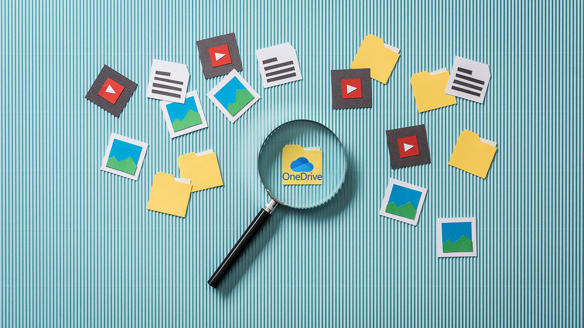 One Drive Icon under magnifying glass surrounded by other social media icons