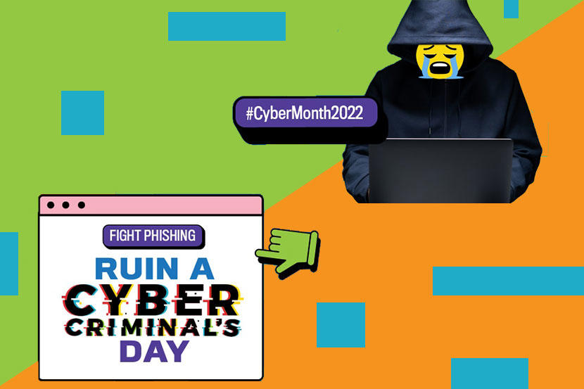 Colorful background with at the foreground a cyber criminal wearing a dark hoodie and a crying face emoji over their face, and the title “Fight phishing: Ruin a cyber criminal’s day”.