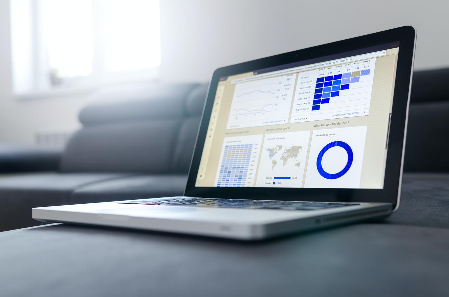 Laptop with charts on screen.