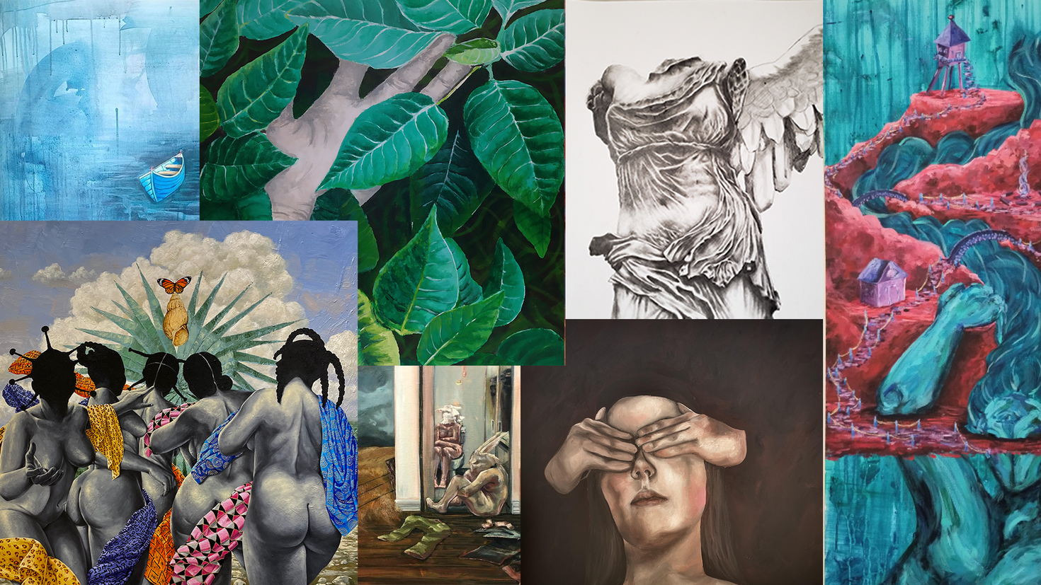 Student showcase multiple paintings