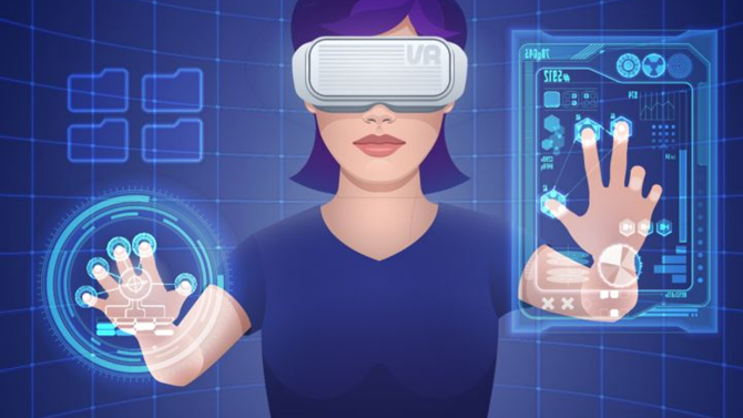 Illustration of someone wearing Virtual Reality headset.