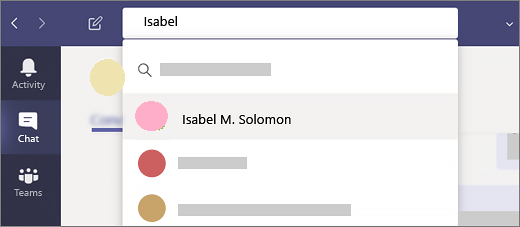 Screenshot of searching for someone by name in Teams.
