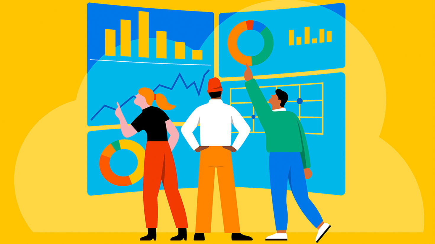Characters in front of charts.
