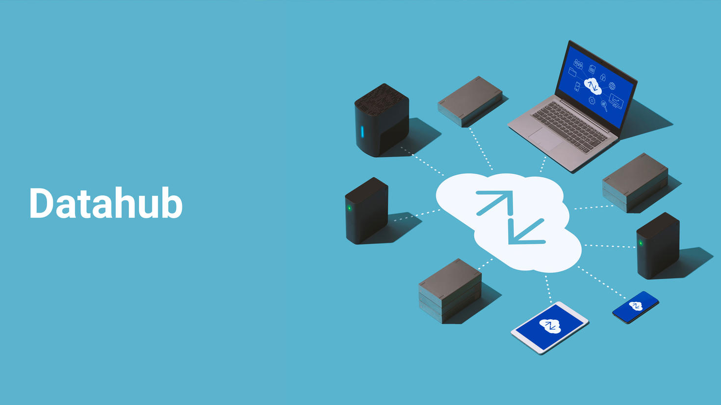 Datahub word, with illustration of data sharing.