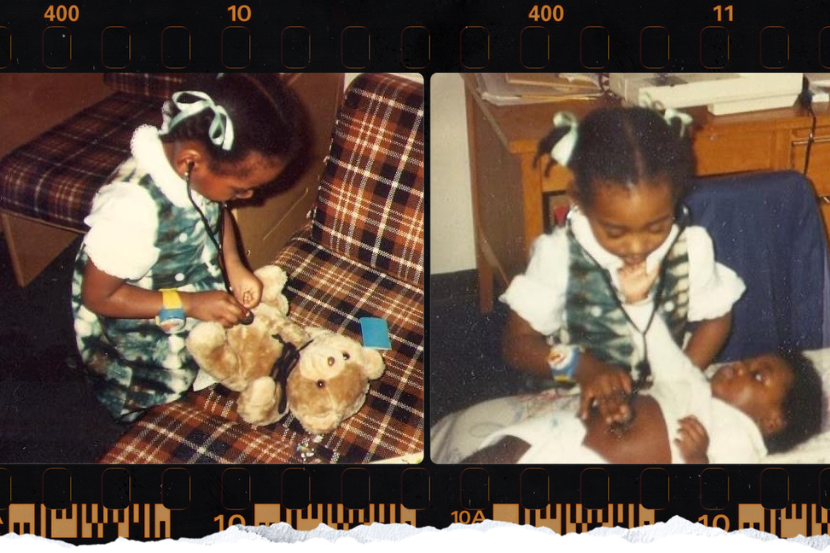 Ewurabena Simpson as a toddler using a stethoscope on her teddy bear and her baby sister.