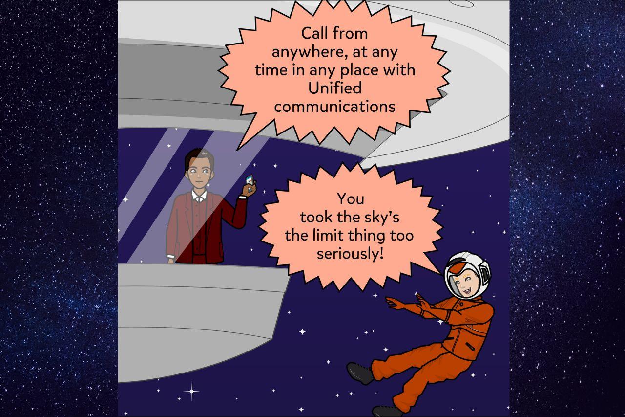 2 cartoons discussion in space about Unified communications