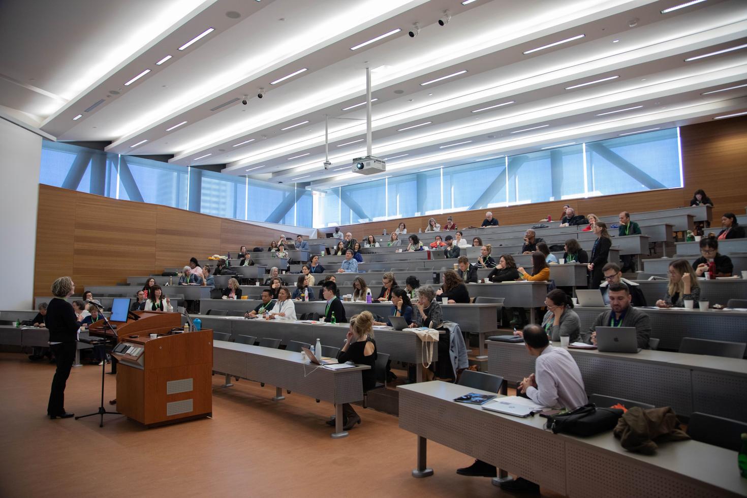 A person giving a presentation in a lecture hall.