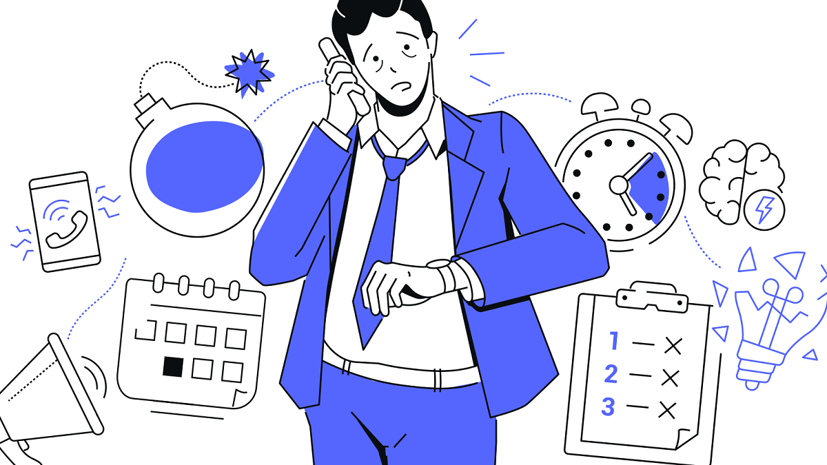 Graphic of tired man in blue suit looking at watch with metaphorical stresses all around