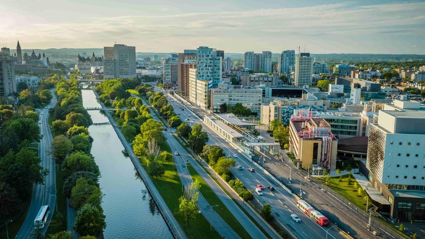 Aerial view of the campus and rideau canal