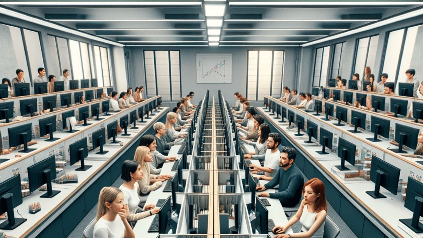 Computer lab filled with university students learning economics