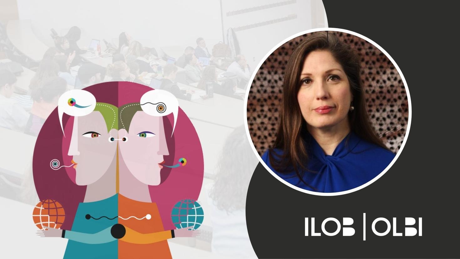 CCERBAL research forum banner. The CCERBAL logo, an illustration of two characters back to back with text bubbles containing abstract characters above their heads. An image of Natalie Sirois. The ILOB logo in the bottom right corner.