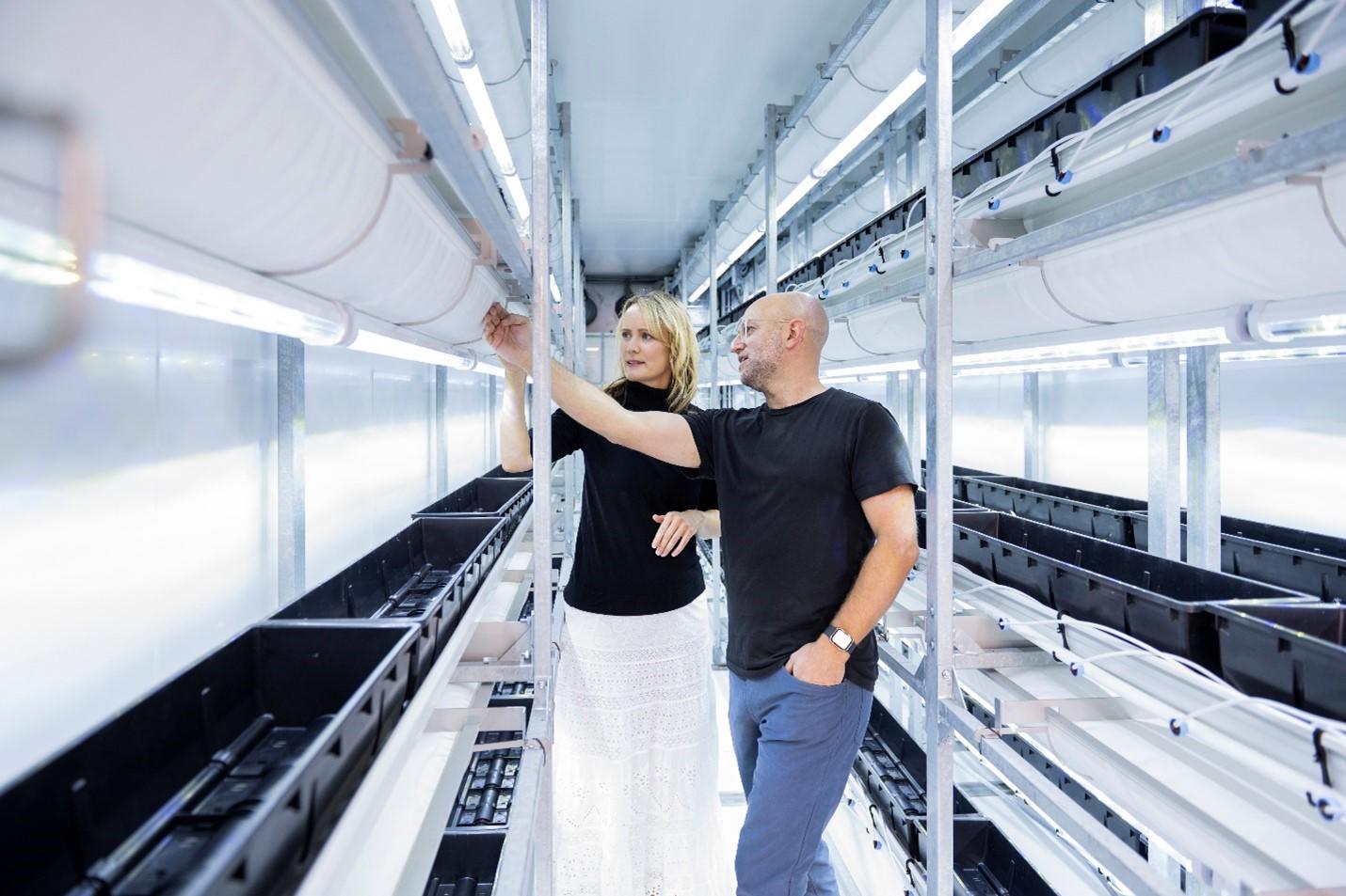 Professor MacLean and Fieldless Farms CEO Jon Lomow standing inside the Vertiberry farming system