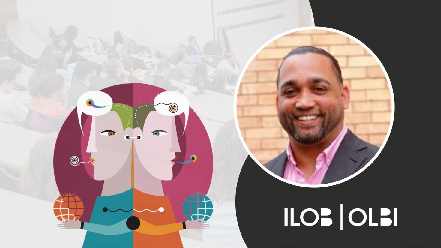 CCERBAL research forum banner. The CCERBAL logo, an illustration of two characters back to back with text bubbles containing abstract characters above their heads. An image of Angel Arias. The ILOB logo in the bottom right corner.