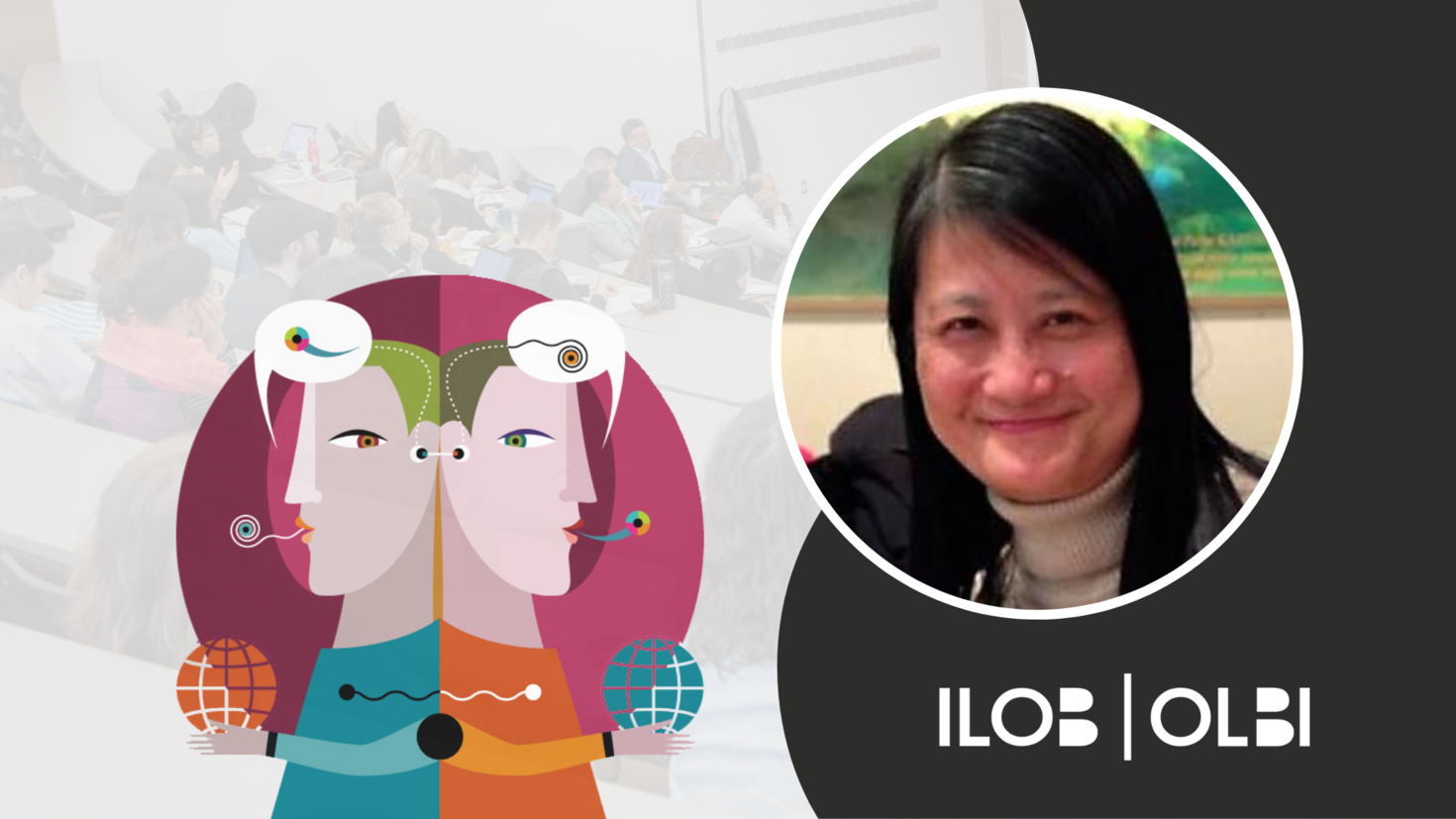 CCERBAL research forum banner. The CCERBAL logo, an illustration of two characters back to back with text bubbles containing abstract characters above their heads. An image of Angel Lin. The ILOB logo in the bottom right corner. 