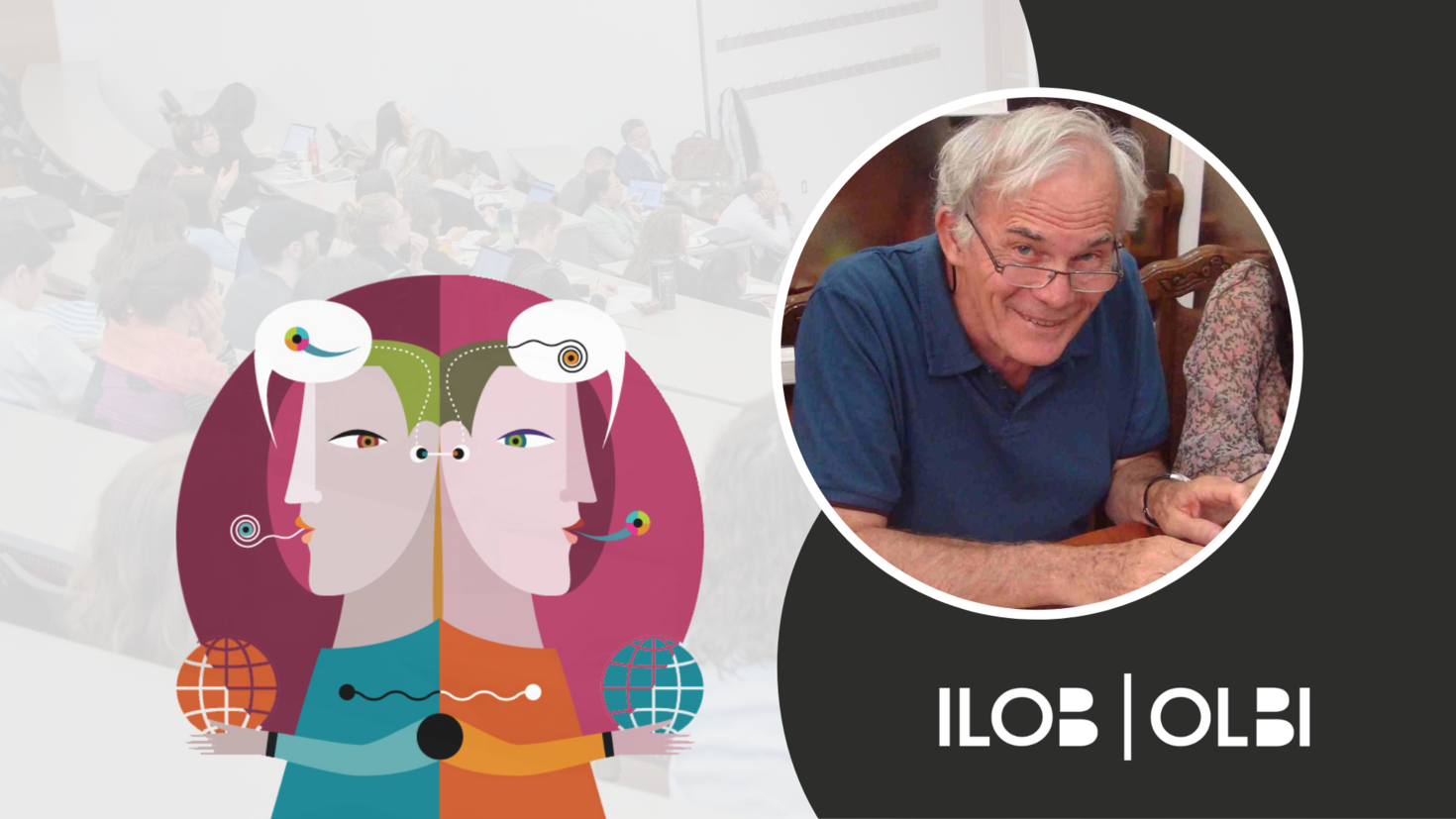 CCERBAL research forum banner. The CCERBAL logo, an illustration of two characters back to back with text bubbles containing abstract characters above their heads. An image of Michel Candelier. The ILOB logo in the bottom right corner. 