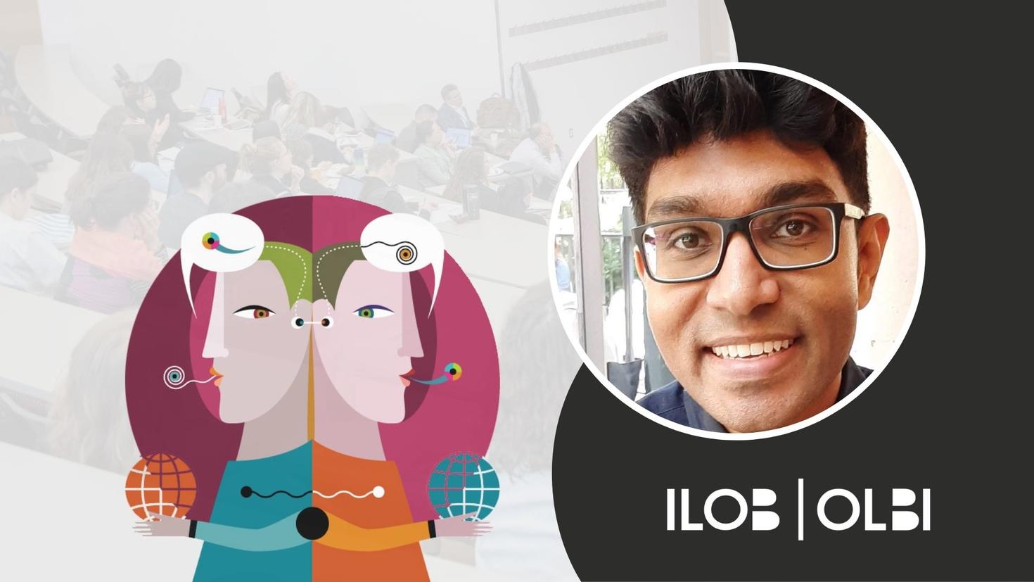 CCERBAL research forum banner. The CCERBAL logo, an illustration of two characters back to back with text bubbles containing abstract characters above their heads. An image of Vijay Ramjattan. The ILOB logo in the bottom right corner.