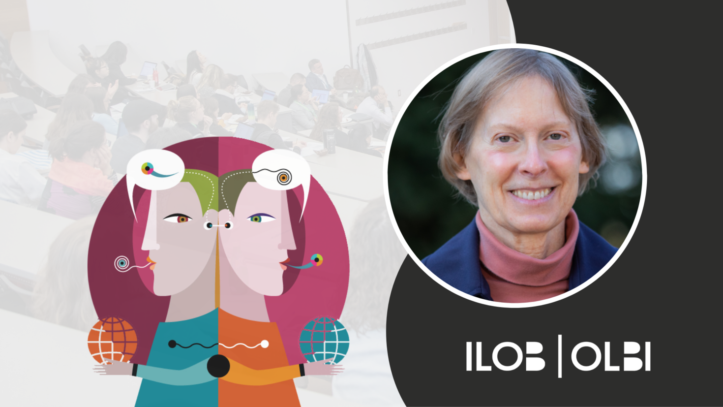CCERBAL research forum banner. The CCERBAL logo, an illustration of two characters back to back with text bubbles containing abstract characters above their heads. An image of Carol A. Chapelle. The ILOB logo in the bottom right corner.