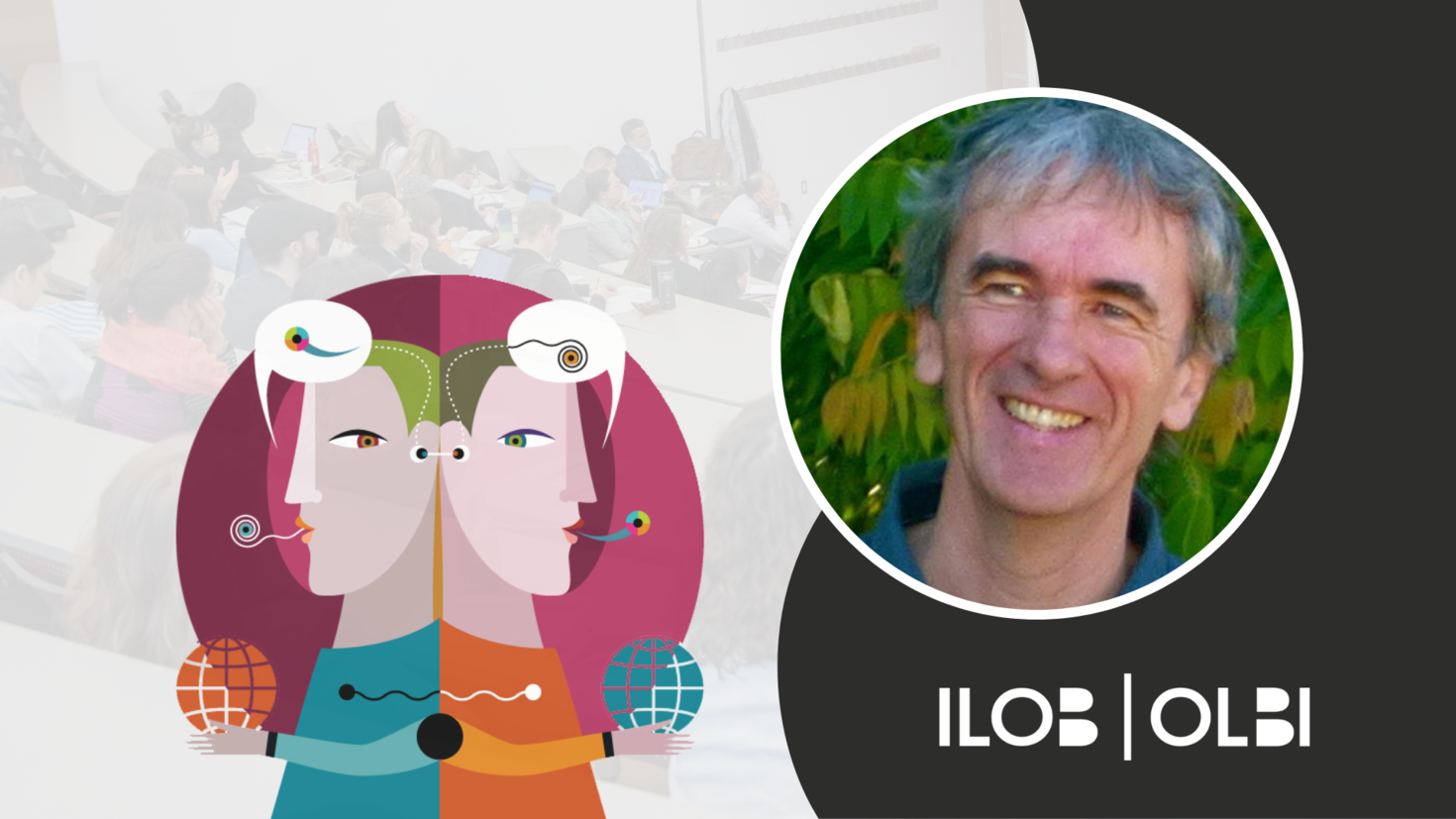 CCERBAL research forum banner. The CCERBAL logo, an illustration of two characters back to back with text bubbles containing abstract characters above their heads. An image of Christian Ollivier. The ILOB logo in the bottom right corner.