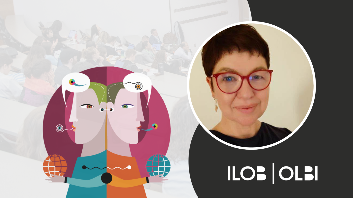 CCERBAL research forum banner. The CCERBAL logo, an illustration of two characters back to back with text bubbles containing abstract characters above their heads. An image of Fanny Meunier. The ILOB logo in the bottom right corner.