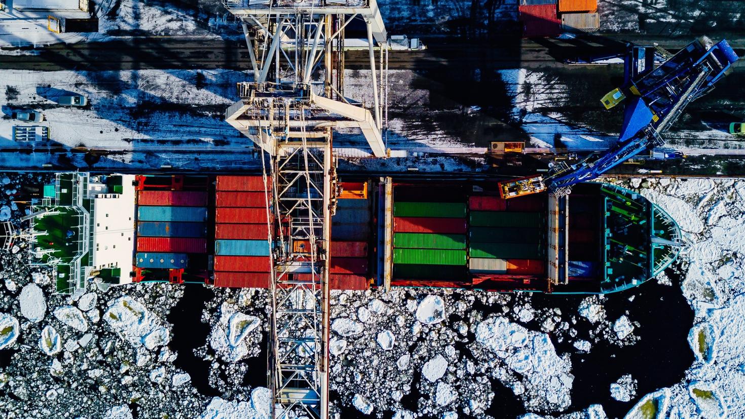 A cargo ship in Arctic waters. 