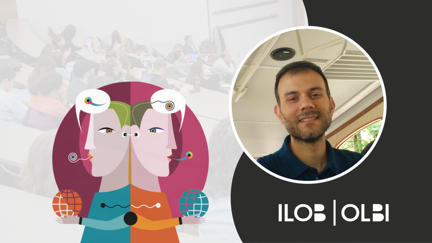 CCERBAL research forum banner. The CCERBAL logo, an illustration of two characters back to back with text bubbles containing abstract characters above their heads. An image of Nikolay Slavkov. The ILOB logo in the bottom right corner.