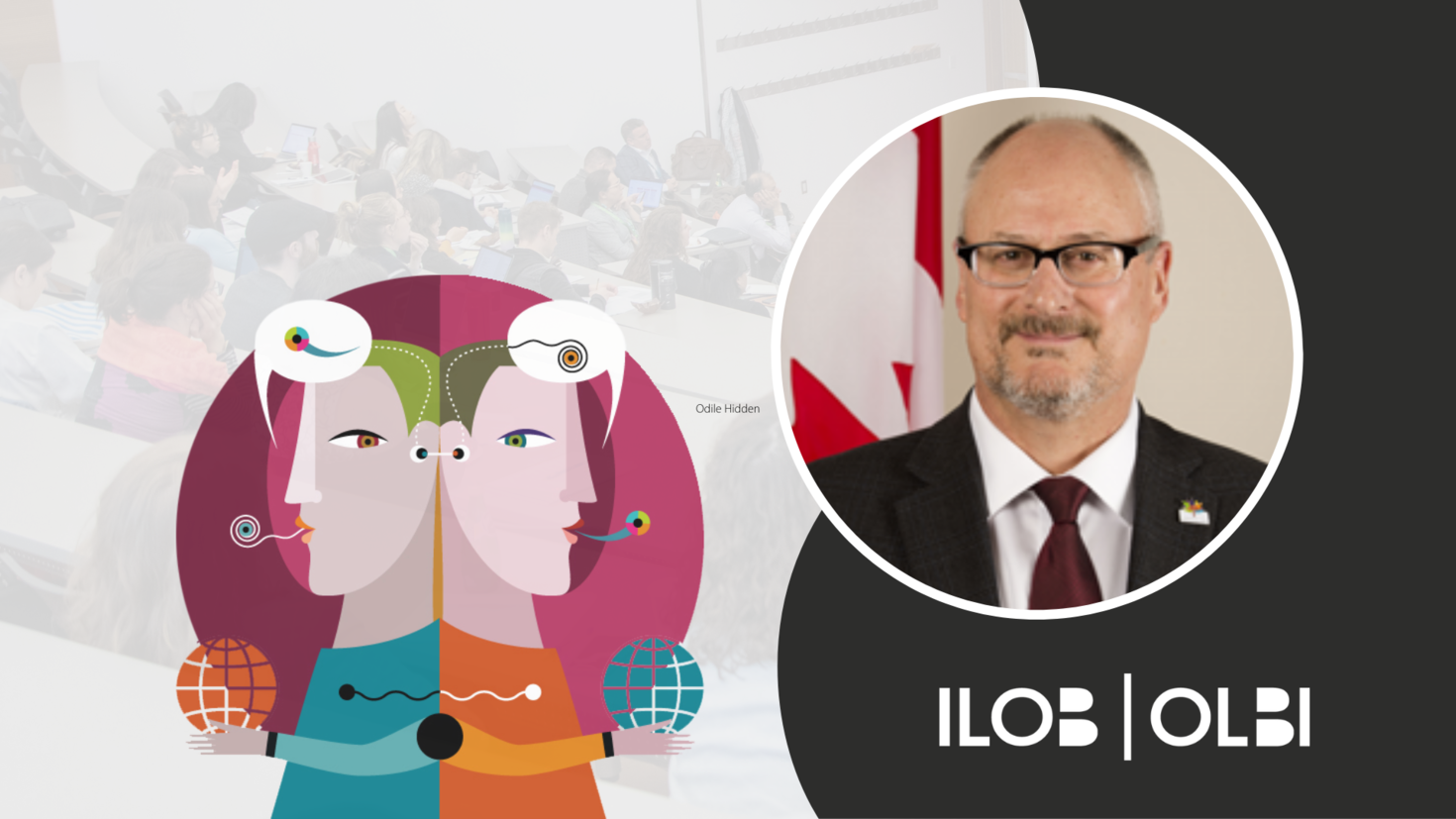 CCERBAL research forum banner. The CCERBAL logo, an illustration of two characters back to back with text bubbles containing abstract characters above their heads. An image of Patrick Borbey. The ILOB logo in the bottom right corner.