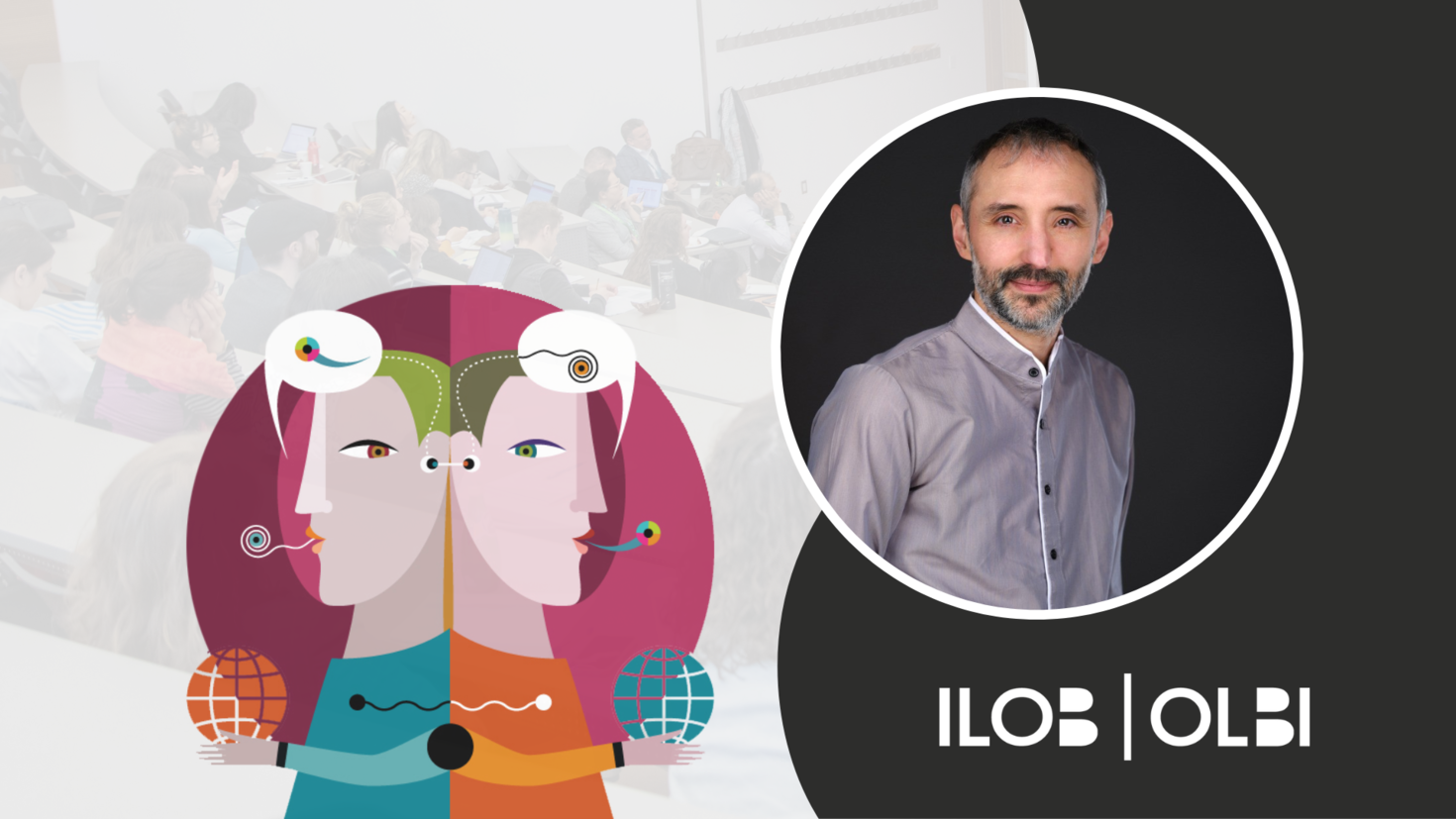 CCERBAL research forum banner. The CCERBAL logo, an illustration of two characters back to back with text bubbles containing abstract characters above their heads. An image of Simon Collin. The ILOB logo in the bottom right corner.