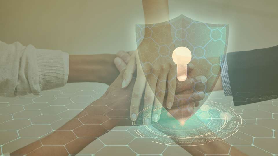 5 hands one of top the other symbolizing unity behind a shield symbolizing cybersecurity 
