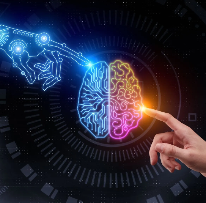 Human hand and digital one touching a brain 