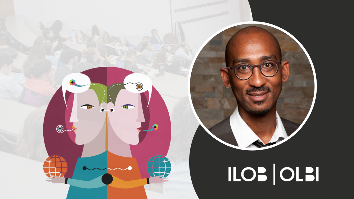 CCERBAL research forum banner. The CCERBAL logo, an illustration of two characters back to back with text bubbles containing abstract characters above their heads. An image of Francis Bangou. The ILOB logo in the bottom right corner.