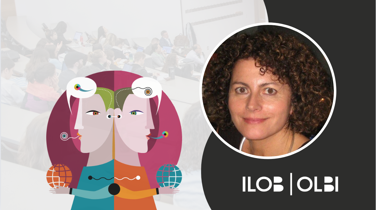 CCERBAL research forum banner. The CCERBAL logo, an illustration of two characters back to back with text bubbles containing abstract characters above their heads. An image of Hélène Knoerr. The ILOB logo in the bottom right corner.