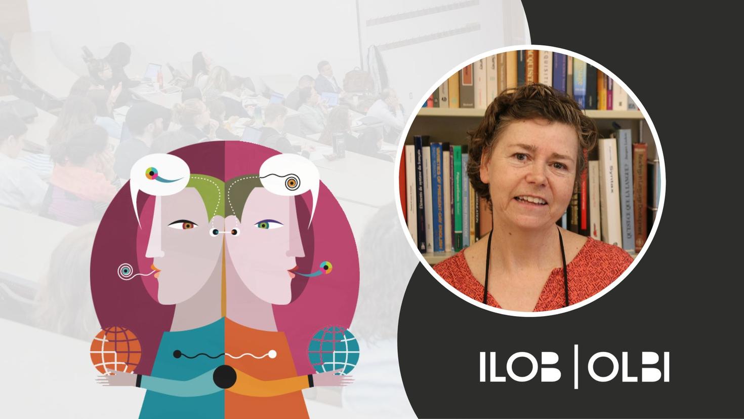 CCERBAL research forum banner. The CCERBAL logo, an illustration of two characters back to back with text bubbles containing abstract characters above their heads. An image of Sheila Scott. The ILOB logo in the bottom right corner.