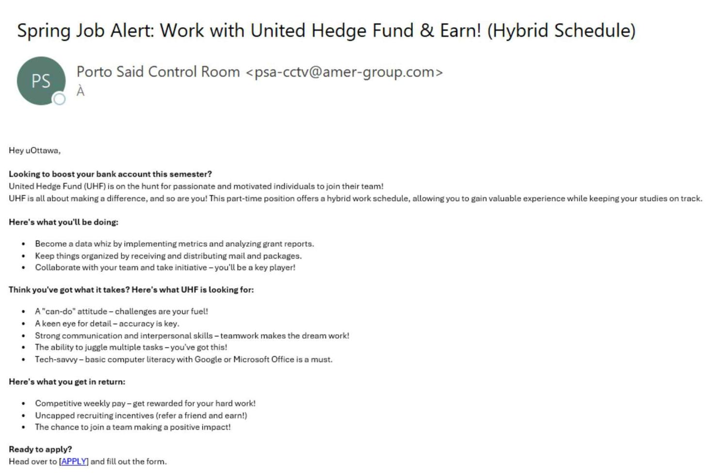 Screenshot of a phishing email targeting students looking for a job