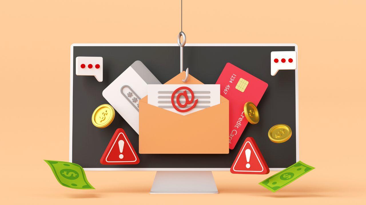 different icons representing phishing targets coming out of a laptop screen on a orange background